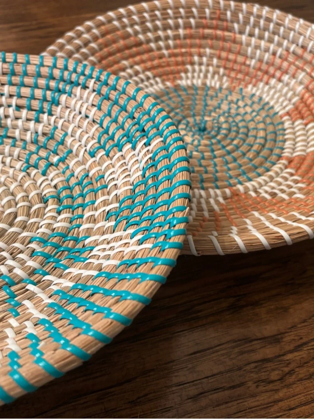 Set of 2 Handwoven Senegalese African Wall Baskets Turquoise Coral Boho Decor